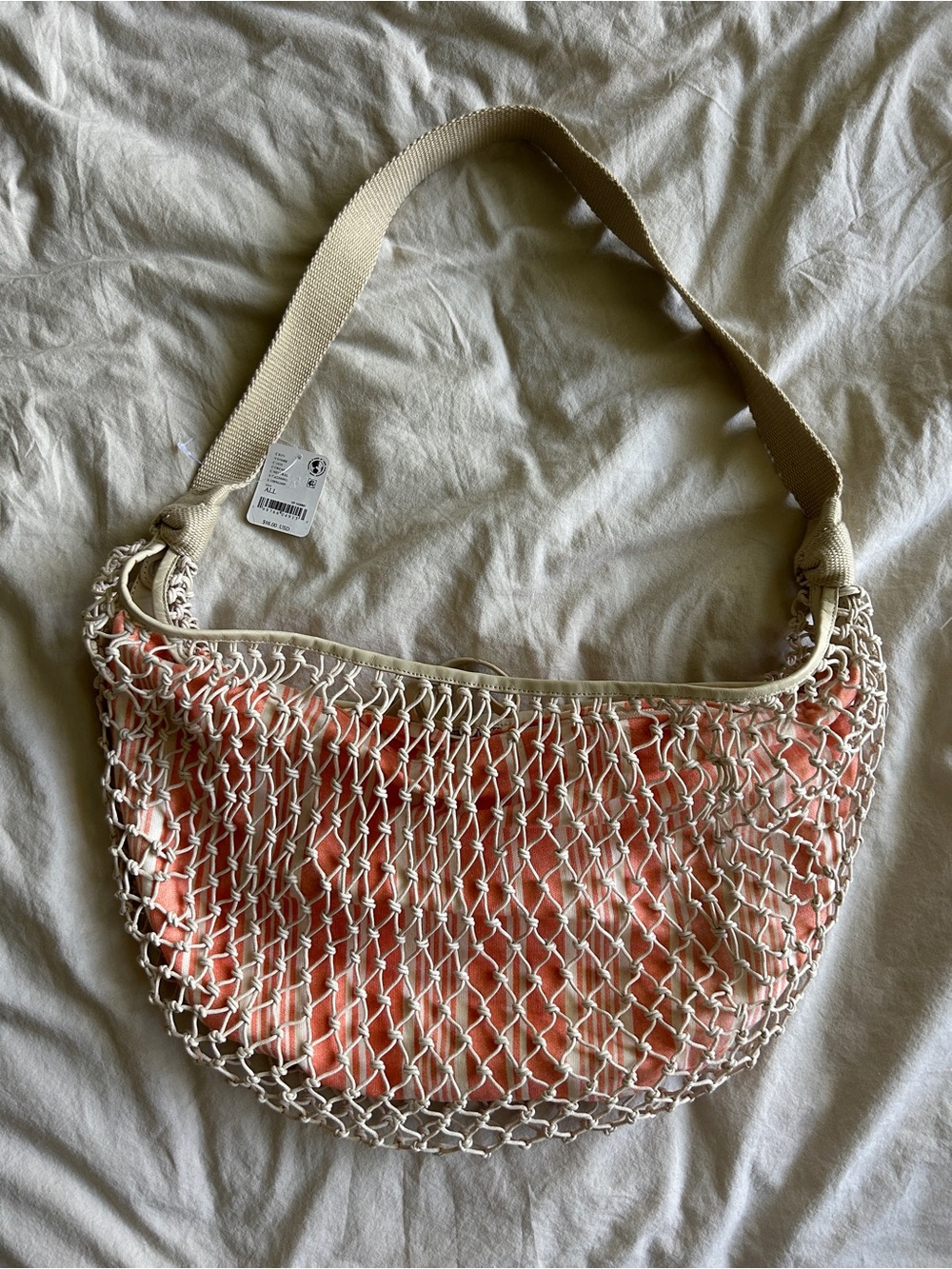 Free People Beige Net Shoulder Bag with Coral Lining NWT